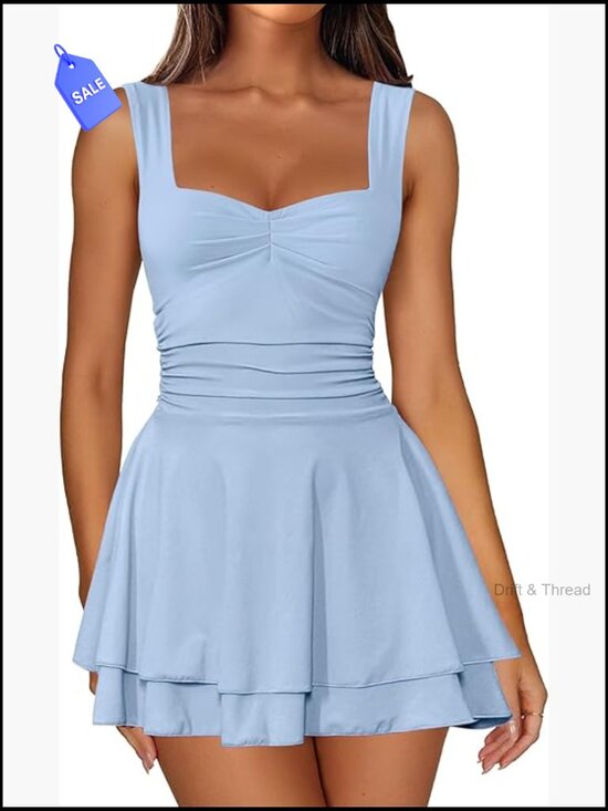 Dresses & Skirts - Sleeveless Square Neck A-Line Mini Dress with Ruched Waist and Ruffle Hem